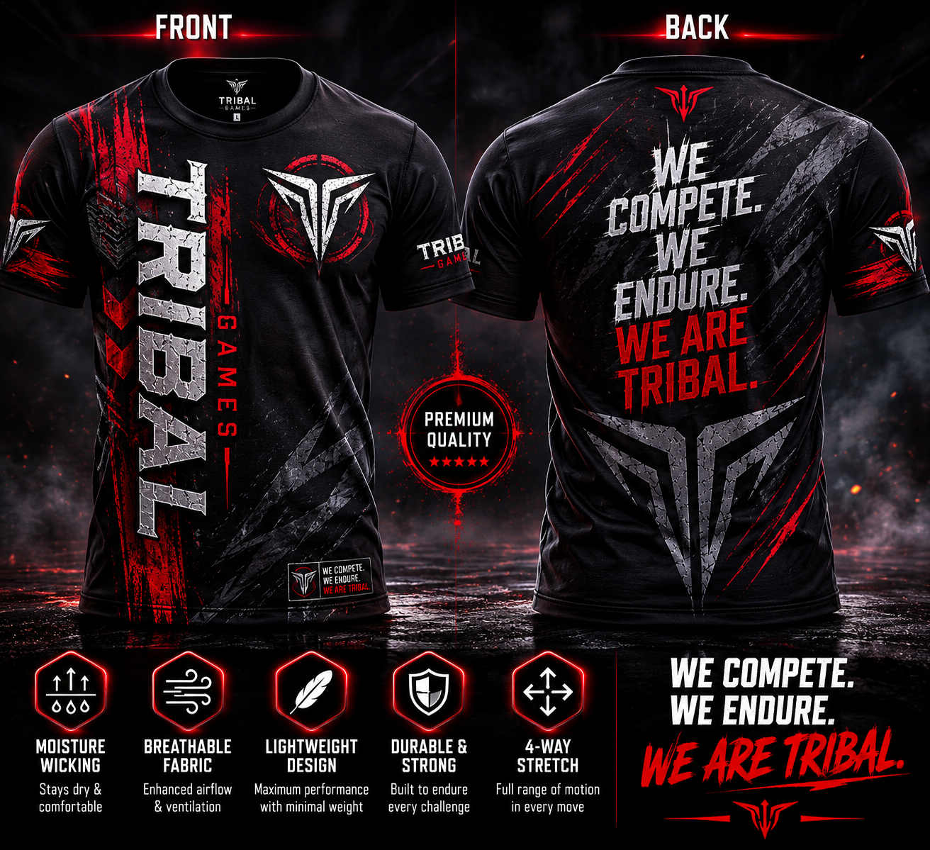 Tribal Games Founding Athlete Shirt - Front and back view showing the premium black athletic shirt with red and silver TRIBAL branding